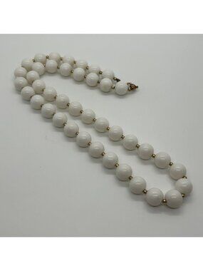 Vintage MCM White Acrylic Lucite Round Bead Necklace Gold Tone Spacer Spring Rin